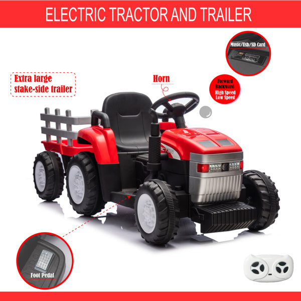 Red, 12V7AH Battery Powered Toy Tractor With Trailer